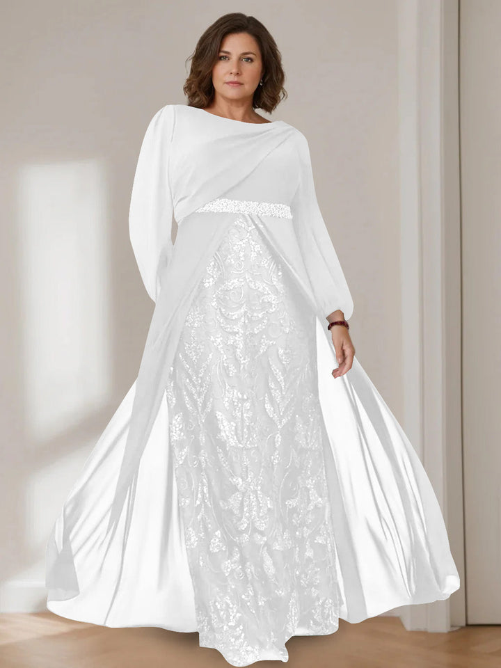 Plus size mother of the bride dress featuring sequins, a floor-length A-line silhouette, and elegant chiffon fabric in dark green. 19