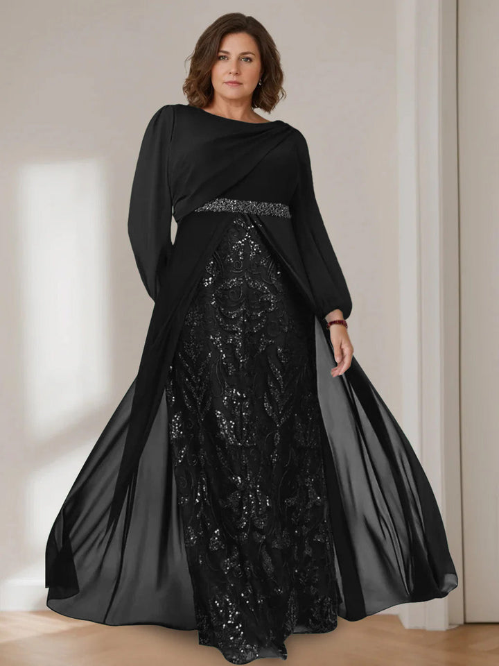 Plus size mother of the bride dress featuring sequins, a floor-length A-line silhouette, and elegant chiffon fabric in dark green. 2