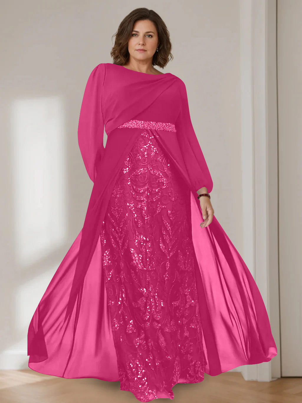 Plus size mother of the bride dress featuring sequins, a floor-length A-line silhouette, and elegant chiffon fabric in dark green. 21