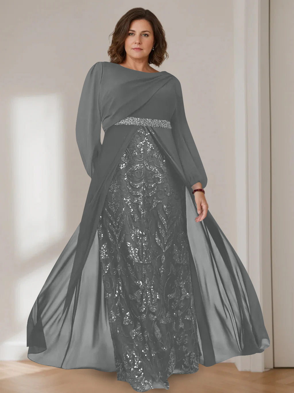 Plus size mother of the bride dress featuring sequins, a floor-length A-line silhouette, and elegant chiffon fabric in dark green. 9