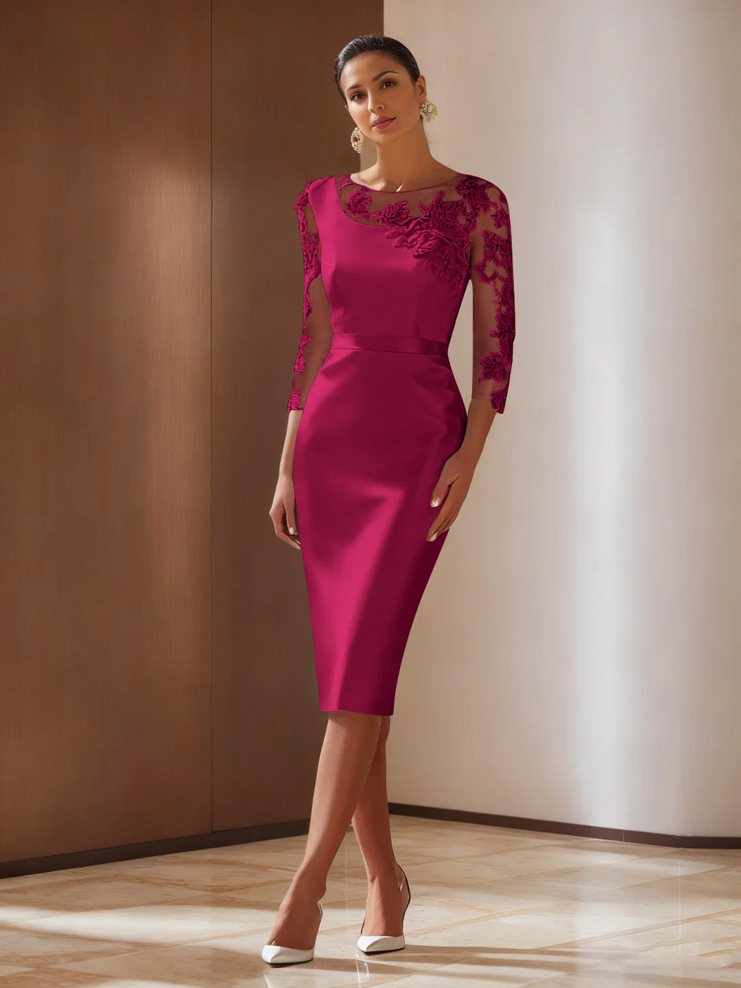 Elegant ivory sheath cocktail dress featuring intricate appliqued details, knee-length satin design, perfect for weddings and formal events. 19