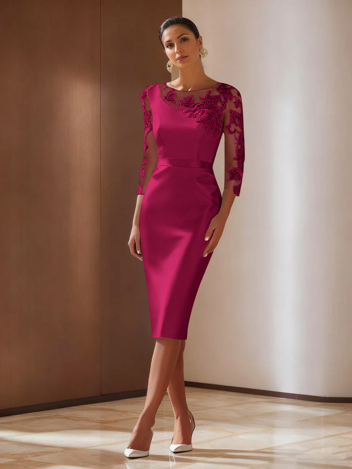 Elegant ivory sheath cocktail dress featuring intricate appliqued details, knee-length satin design, perfect for weddings and formal events. 19