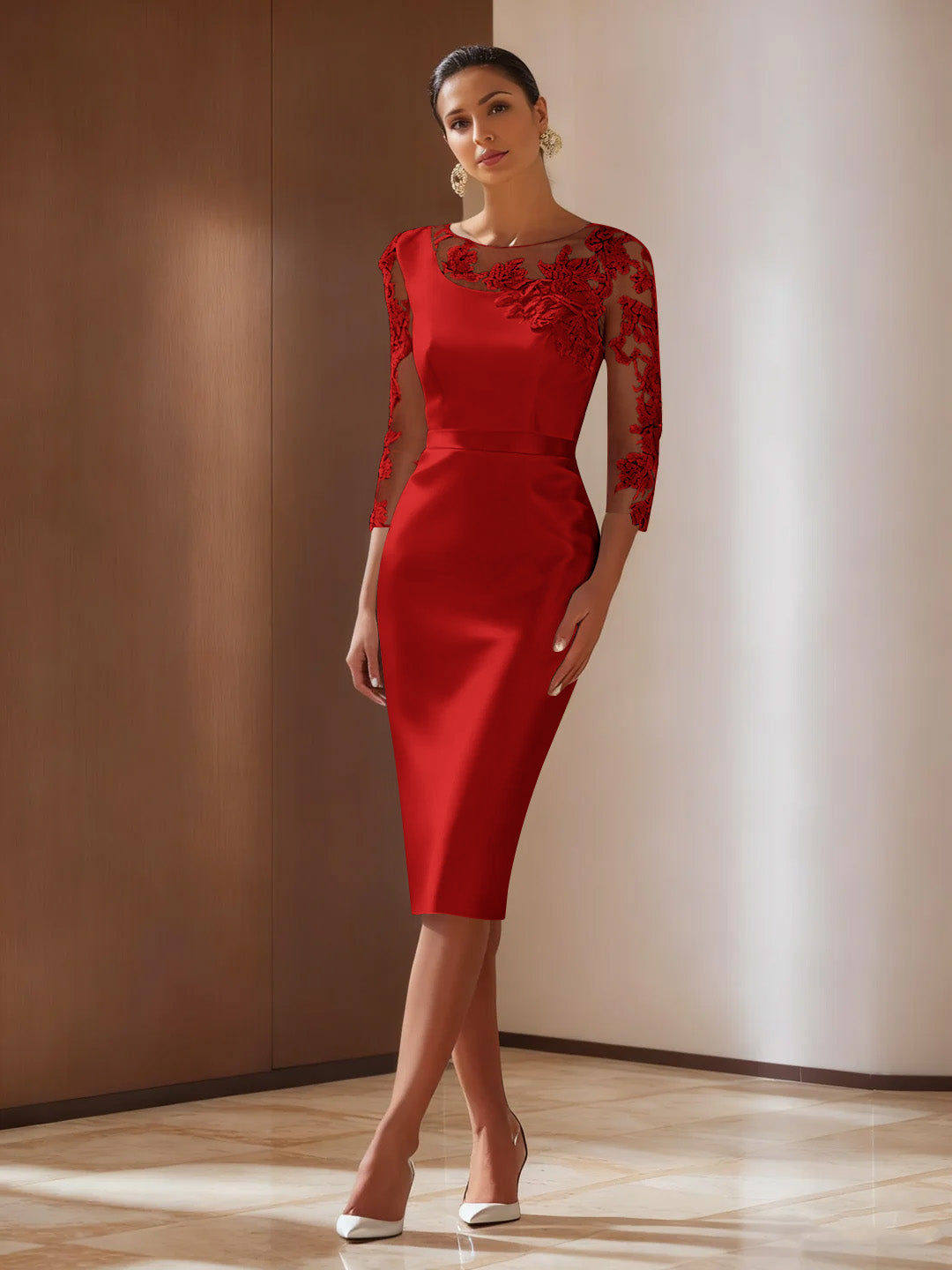 Elegant ivory sheath cocktail dress featuring intricate appliqued details, knee-length satin design, perfect for weddings and formal events. 24