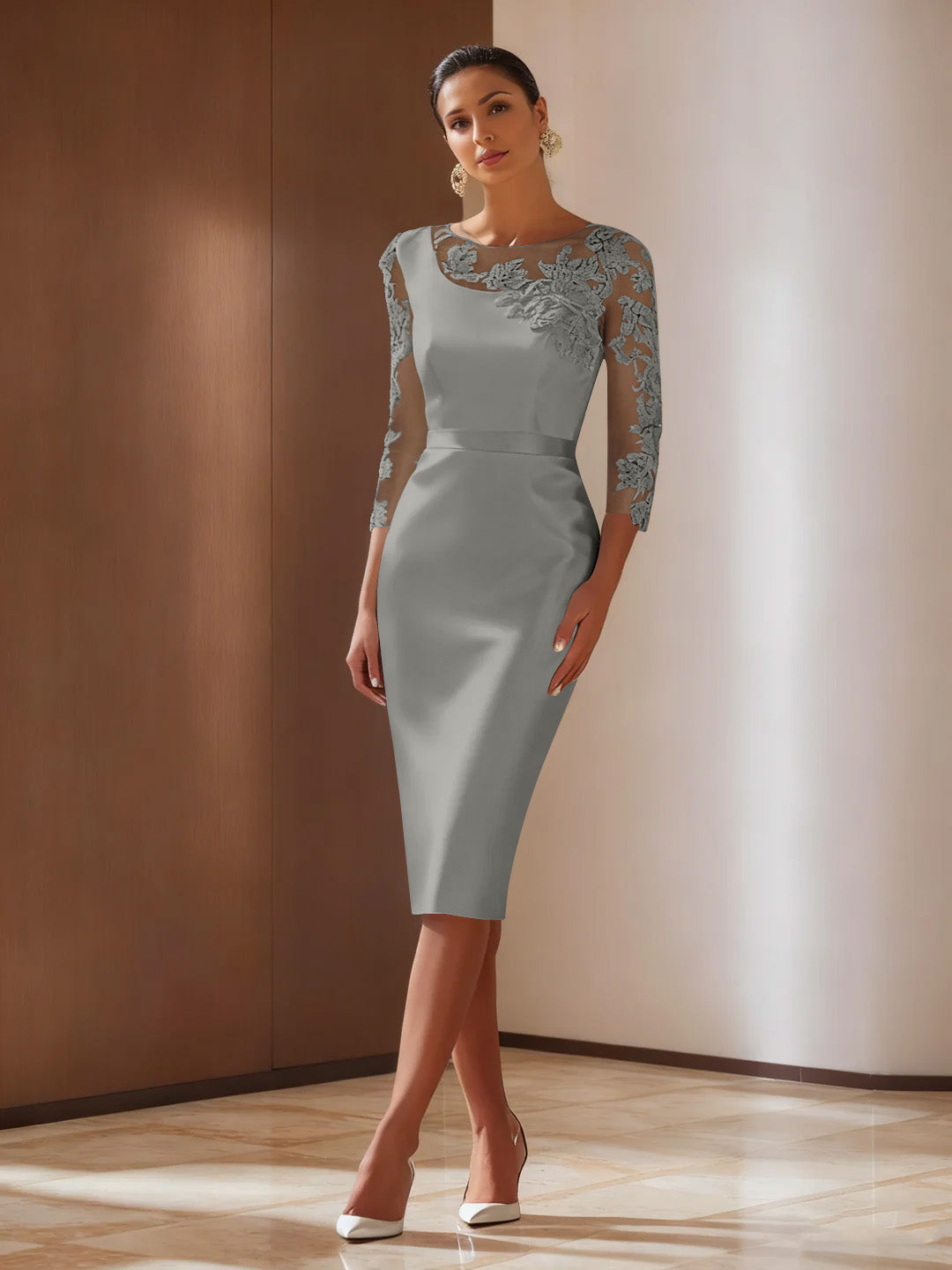 Elegant ivory sheath cocktail dress featuring intricate appliqued details, knee-length satin design, perfect for weddings and formal events. 29