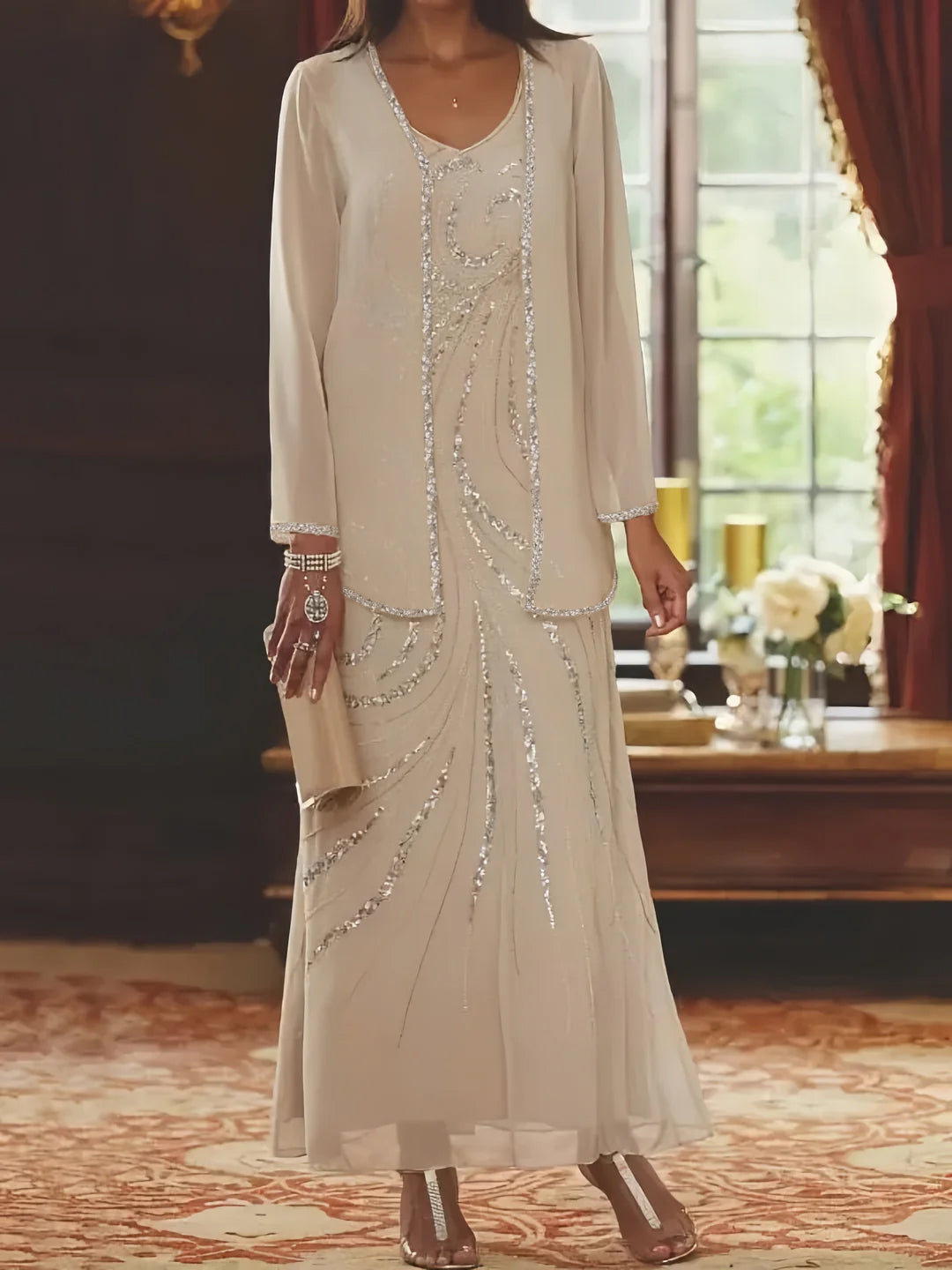 V-Neck Mother of the Bride Dress with Jacket and Sequins – Elegant Chiffon Ankle-Length Outfit 0