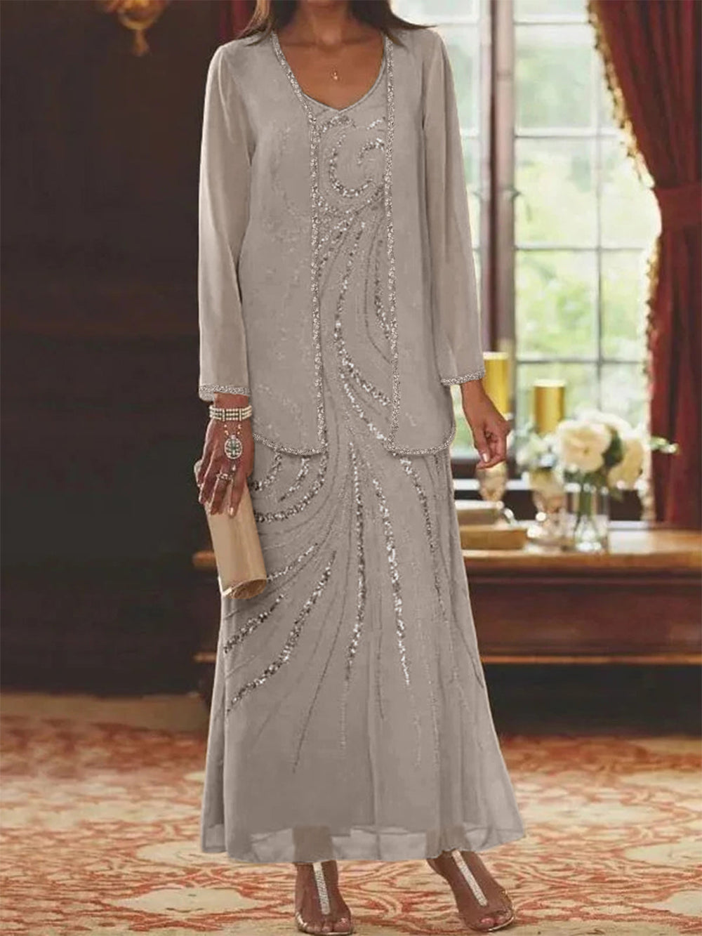 V-Neck Mother of the Bride Dress with Jacket and Sequins – Elegant Chiffon Ankle-Length Outfit 23