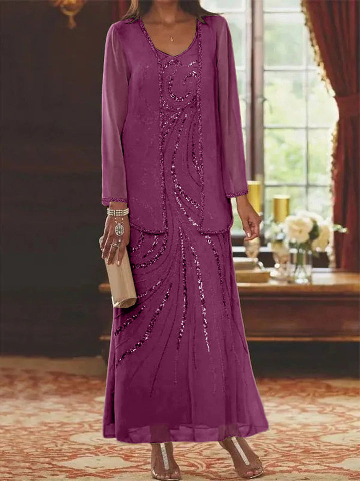 V-Neck Mother of the Bride Dress with Jacket and Sequins – Elegant Chiffon Ankle-Length Outfit 31