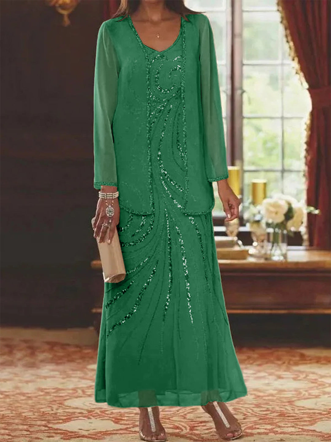 V-Neck Mother of the Bride Dress with Jacket and Sequins – Elegant Chiffon Ankle-Length Outfit 45