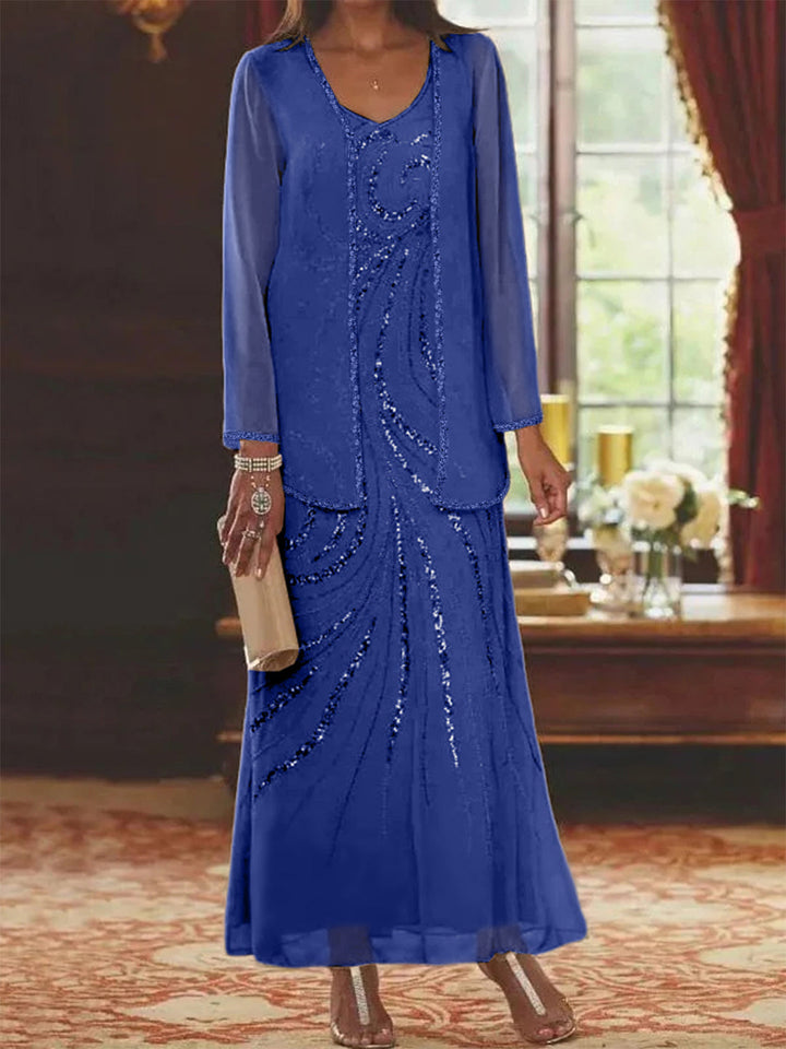 V-Neck Mother of the Bride Dress with Jacket and Sequins – Elegant Chiffon Ankle-Length Outfit 61