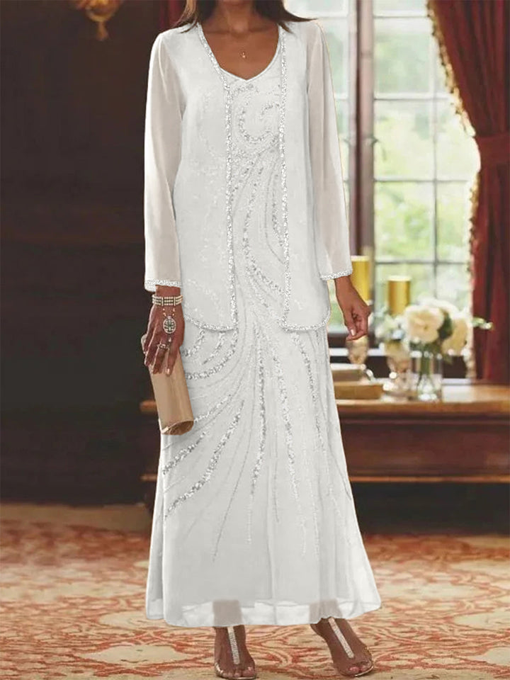 V-Neck Mother of the Bride Dress with Jacket and Sequins – Elegant Chiffon Ankle-Length Outfit 62