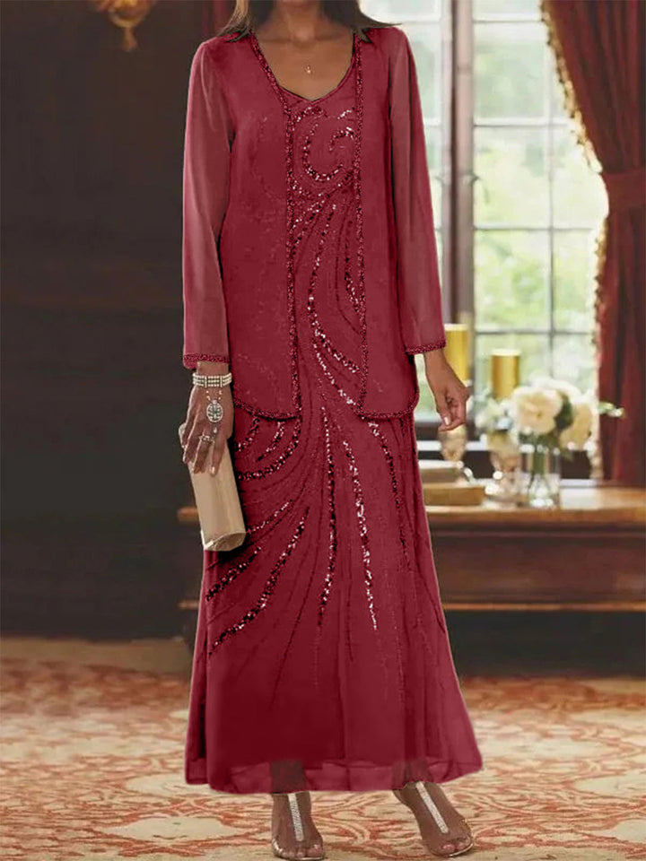 V-Neck Mother of the Bride Dress with Jacket and Sequins – Elegant Chiffon Ankle-Length Outfit 64