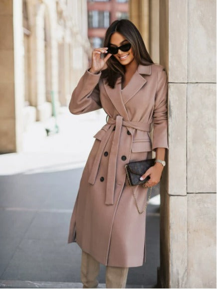 Women's Trench Coat with Belt and Double-Breasted Front – Elegant Mid-Length Outerwear for Winter Coats