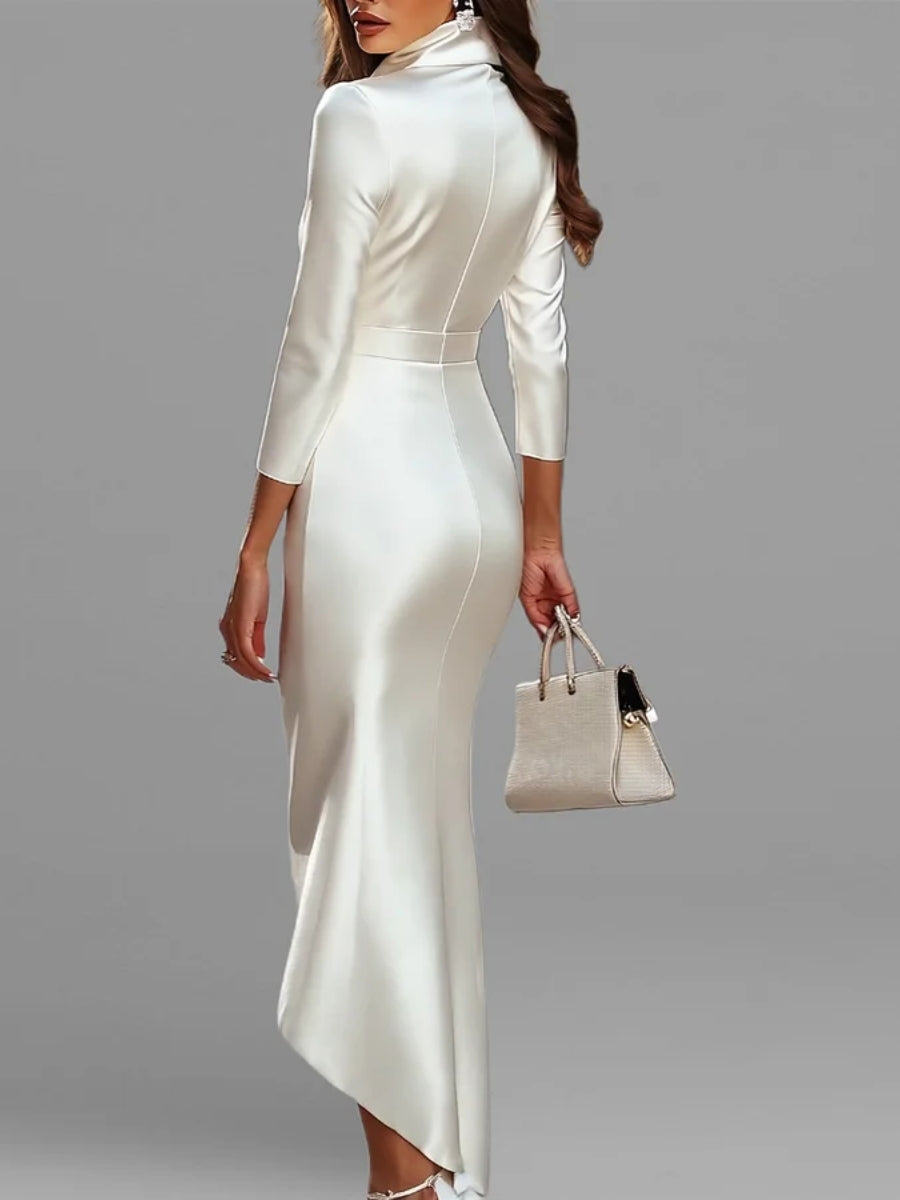 Elegant white cocktail dress featuring an asymmetrical hem and 3/4 sleeves, made from luxurious satin, perfect for weddings and parties. 1