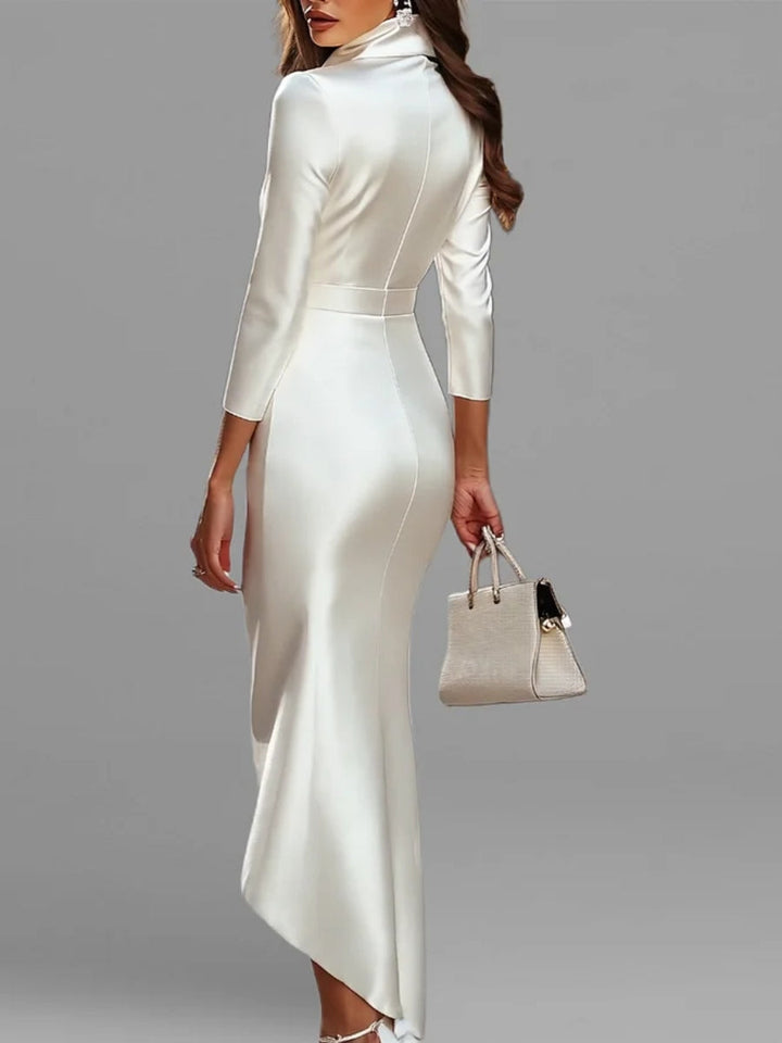 Elegant white cocktail dress featuring an asymmetrical hem and 3/4 sleeves, made from luxurious satin, perfect for weddings and parties. 1