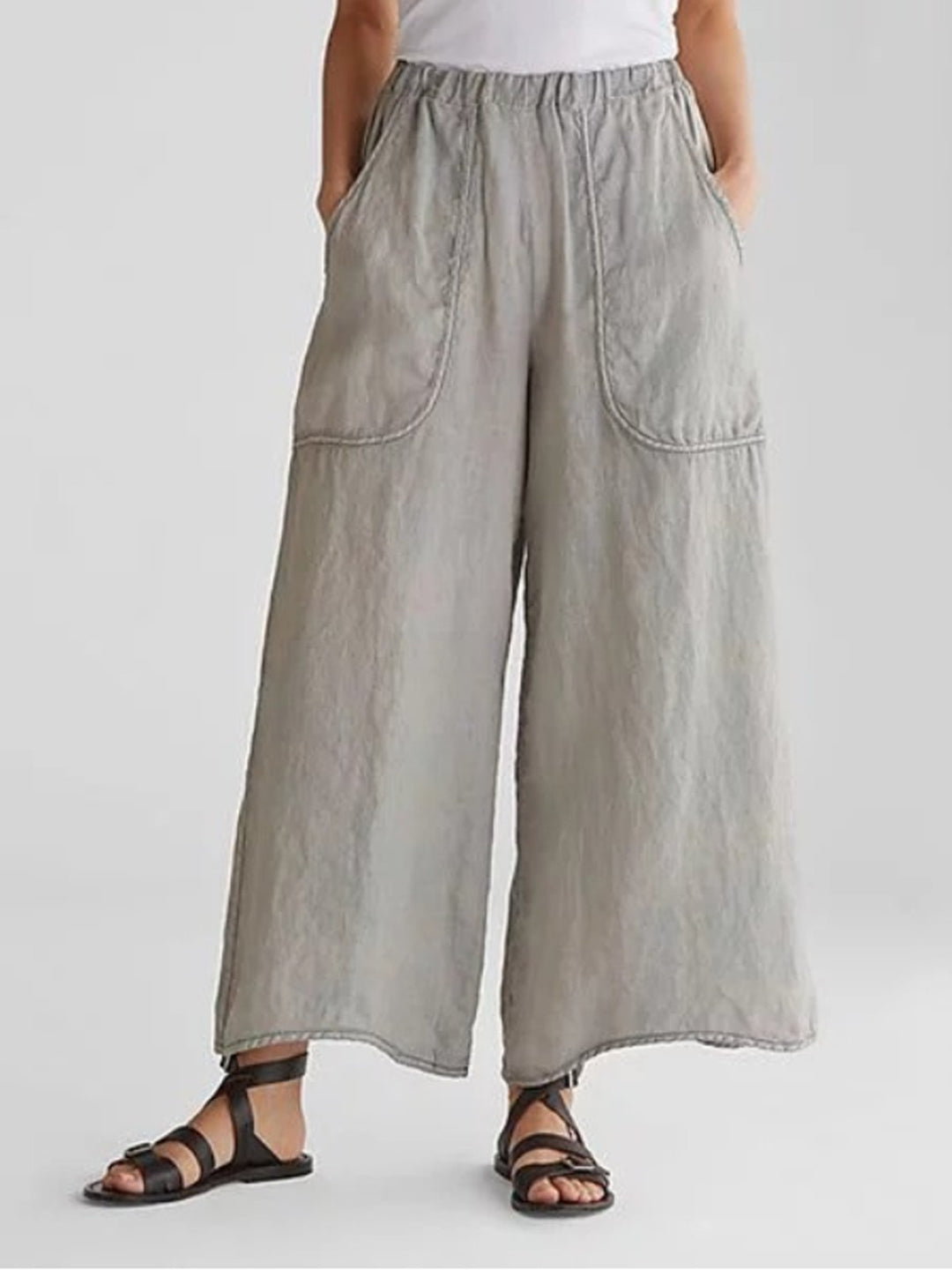 Wide Leg Linen Pants with Elastic Waistband – Airy Relaxed Fit in White 0