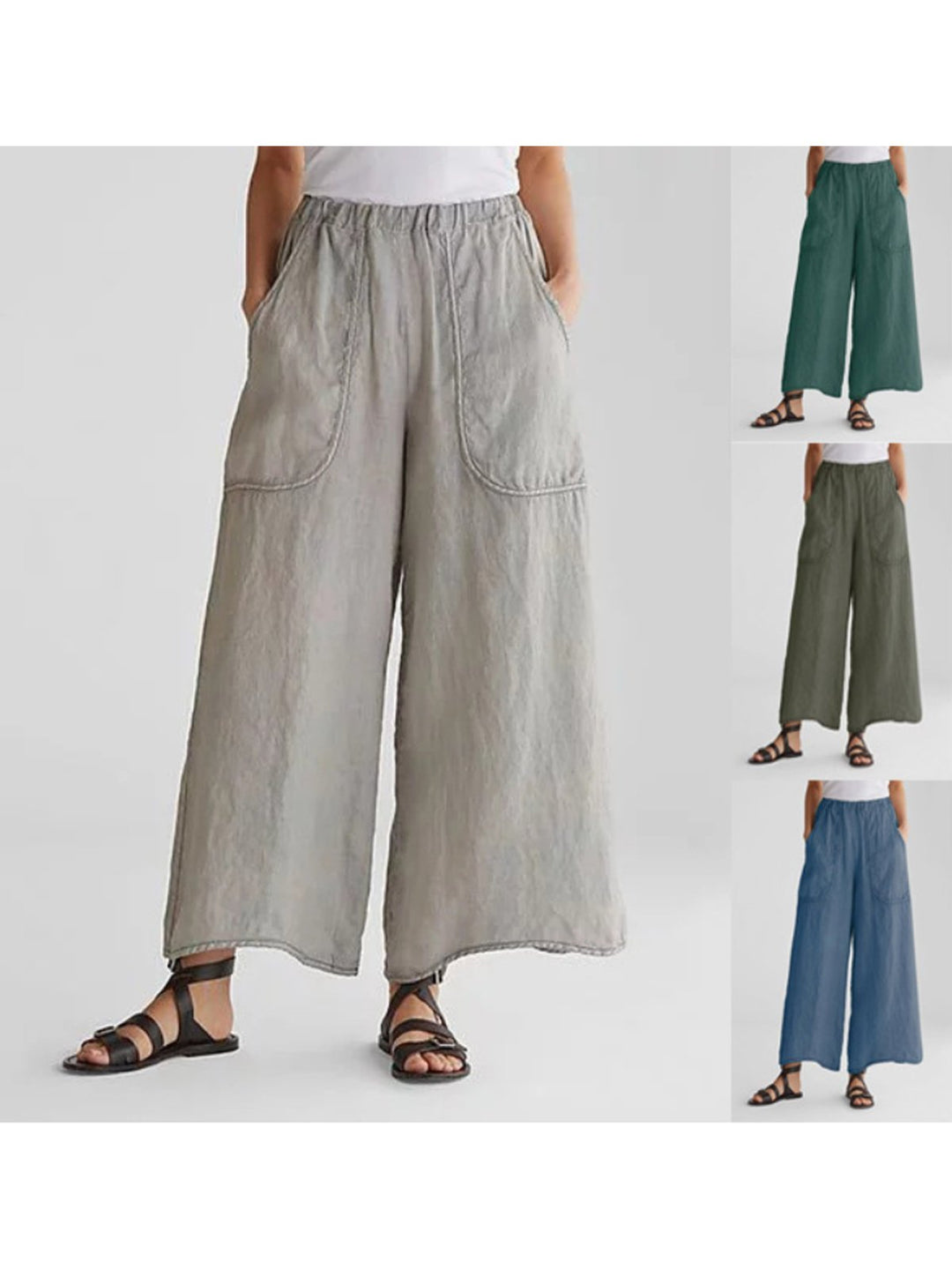 Wide Leg Linen Pants with Elastic Waistband – Airy Relaxed Fit in White 1