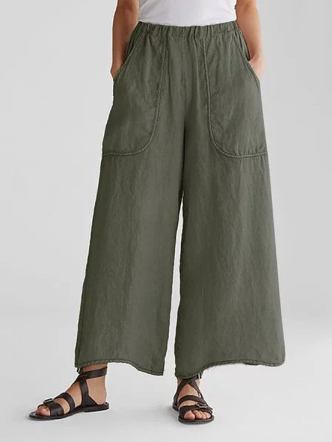 Wide Leg Linen Pants with Elastic Waistband – Airy Relaxed Fit in White 3