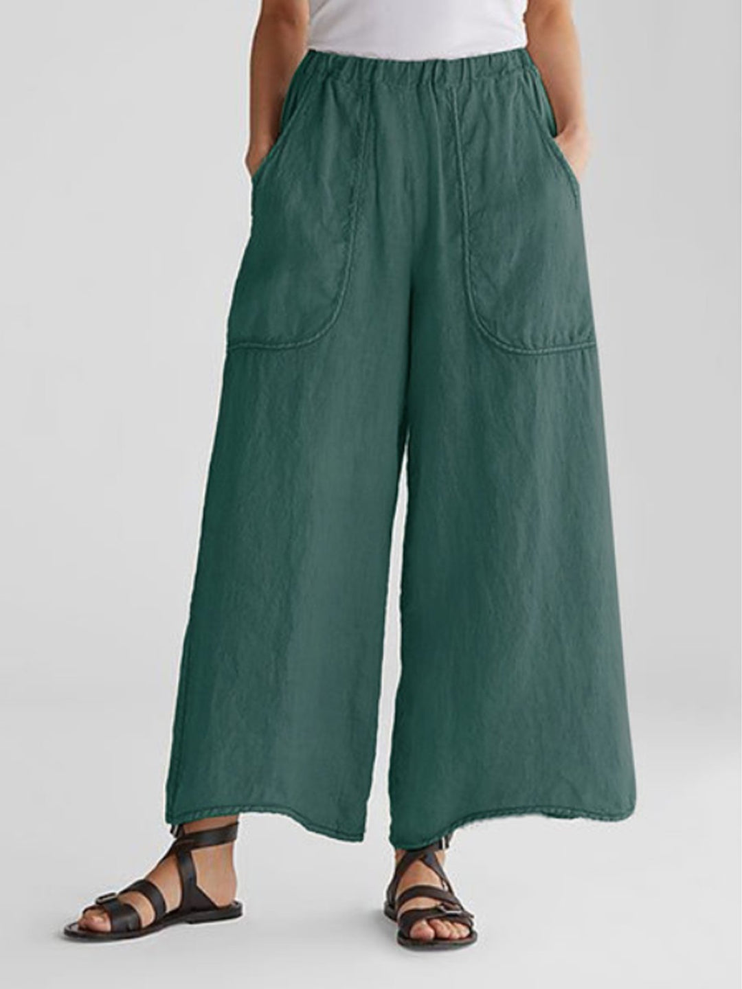 Wide Leg Linen Pants with Elastic Waistband – Airy Relaxed Fit in White 4