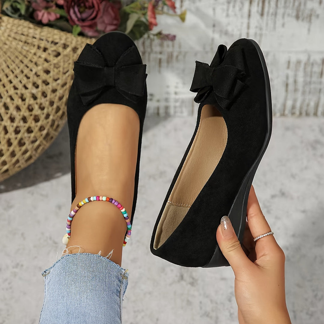 Women's Ballet Flats with Arch Support and Bow Detail - Suede-Effect Low Wedge - Black 0