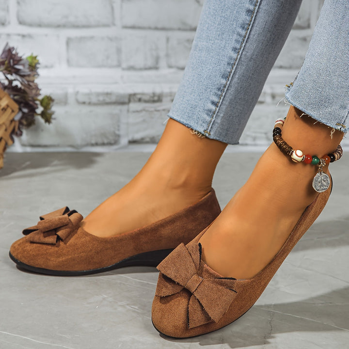 Women's Ballet Flats with Arch Support and Bow Detail - Suede-Effect Low Wedge - Black 10