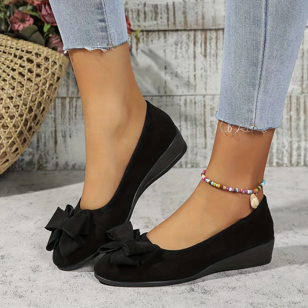 Women's Ballet Flats with Arch Support and Bow Detail - Suede-Effect Low Wedge - Black 2