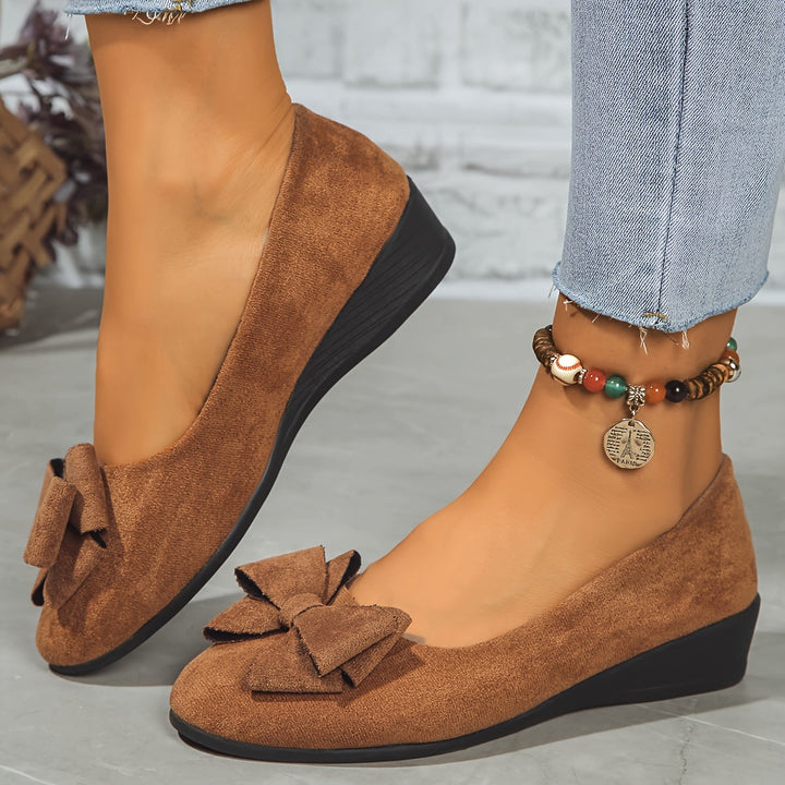 Women's Ballet Flats with Arch Support and Bow Detail - Suede-Effect Low Wedge - Black 6