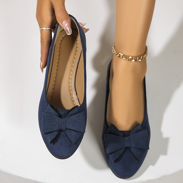 Women's Ballet Flats with Arch Support and Bow Detail - Suede-Effect Low Wedge - Black 7