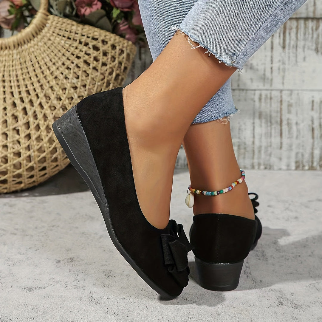 Women's Ballet Flats with Arch Support and Bow Detail - Suede-Effect Low Wedge - Black 8