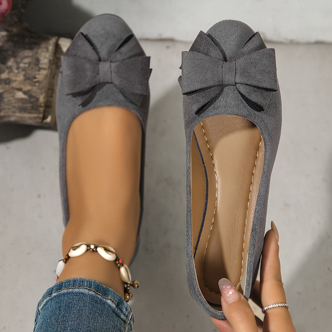Women's Ballet Flats with Arch Support and Bow Detail - Suede-Effect Low Wedge - Black 9