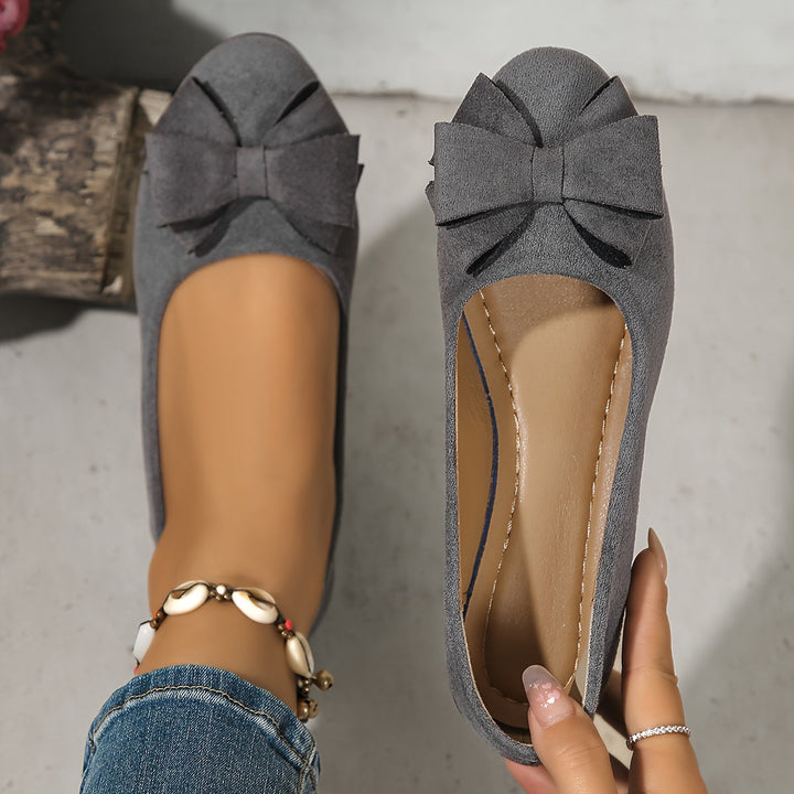 Women's Ballet Flats with Arch Support and Bow Detail - Suede-Effect Low Wedge - Black 9