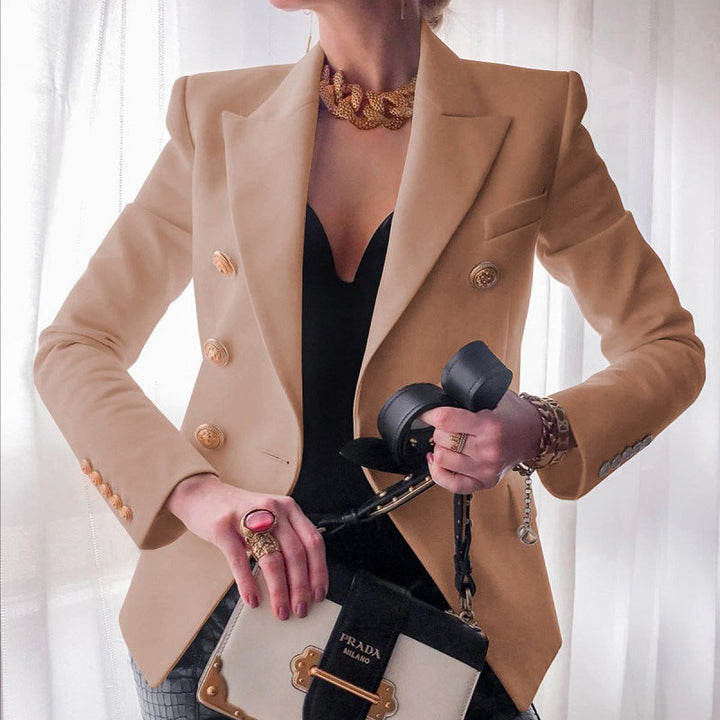 Women's Blazer with Double-Breasted Closure and Gold Button Detail – Tailored Fit in Black, Navy, and Pink 6
