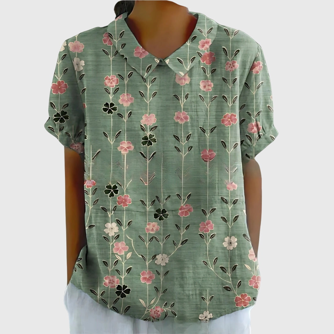 Women's Blouse with Classic Collar and Short Sleeves – Floral Print Summer Top for Women 1
