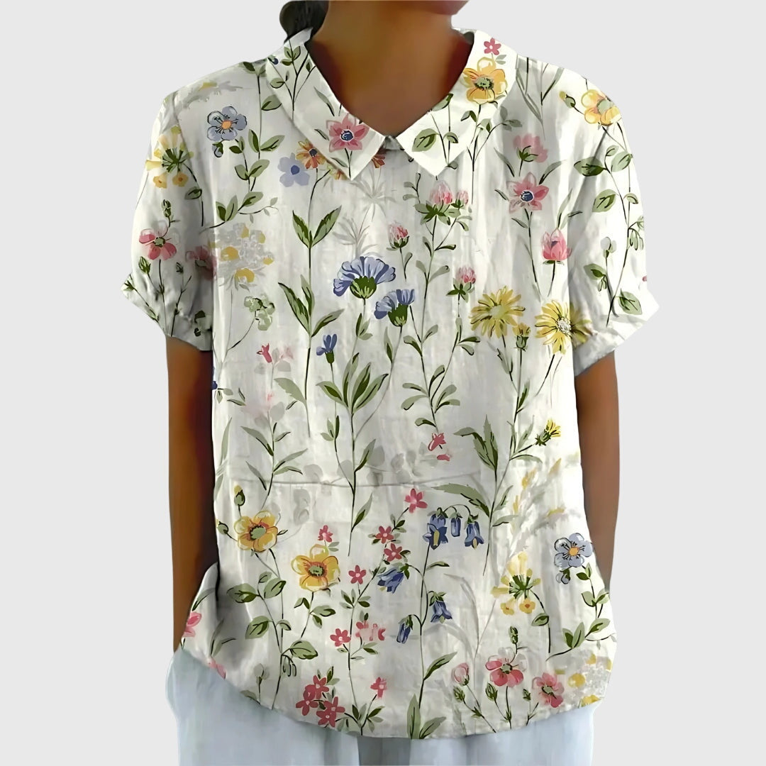 Women's Blouse with Classic Collar and Short Sleeves – Floral Print Summer Top for Women 3