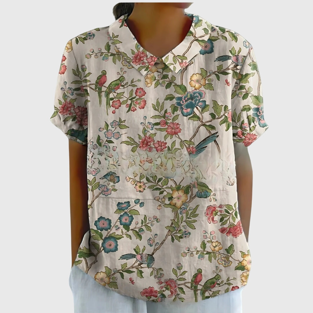 Women's Blouse with Classic Collar and Short Sleeves – Floral Print Summer Top for Women 6