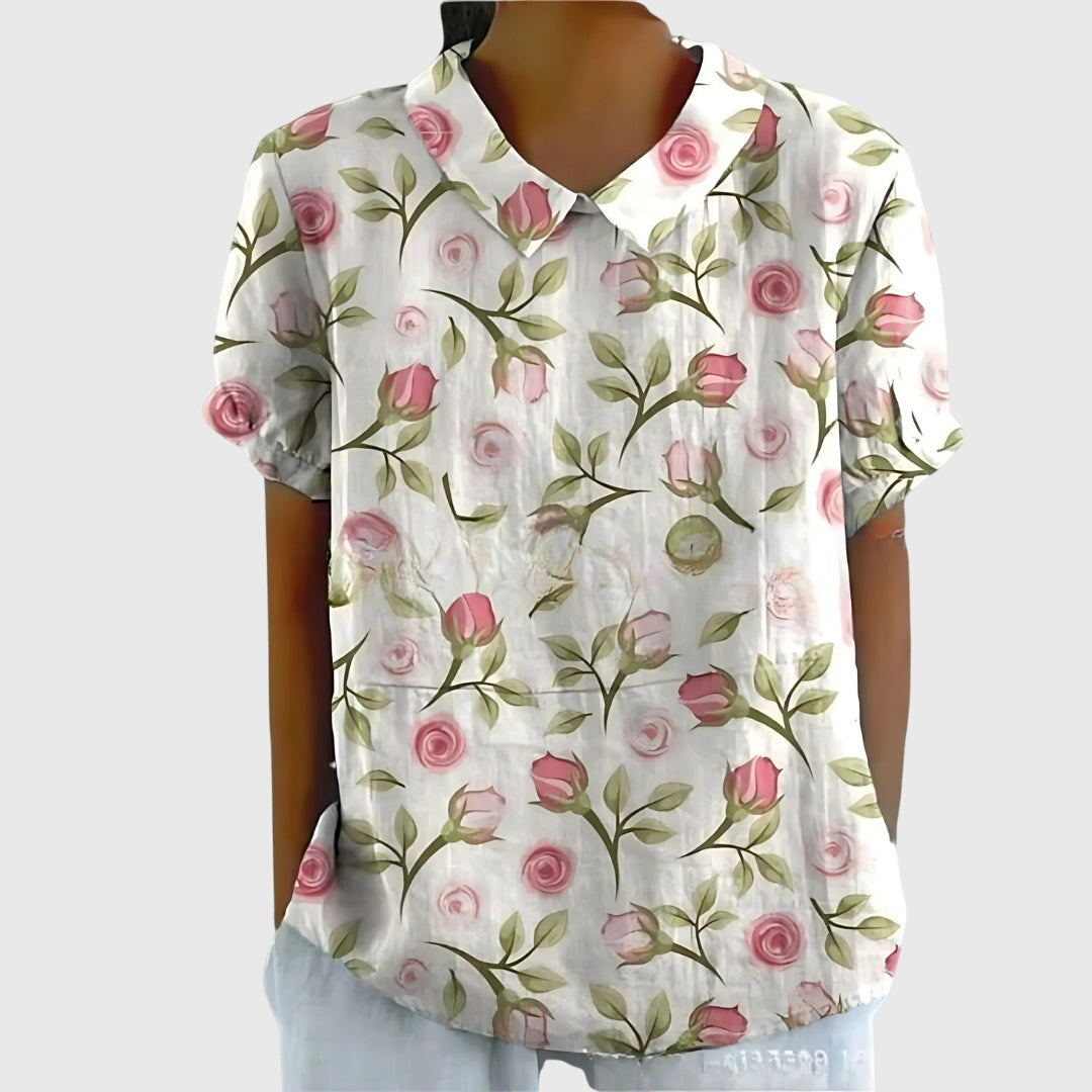 Women's Blouse with Classic Collar and Short Sleeves – Floral Print Summer Top for Women 7