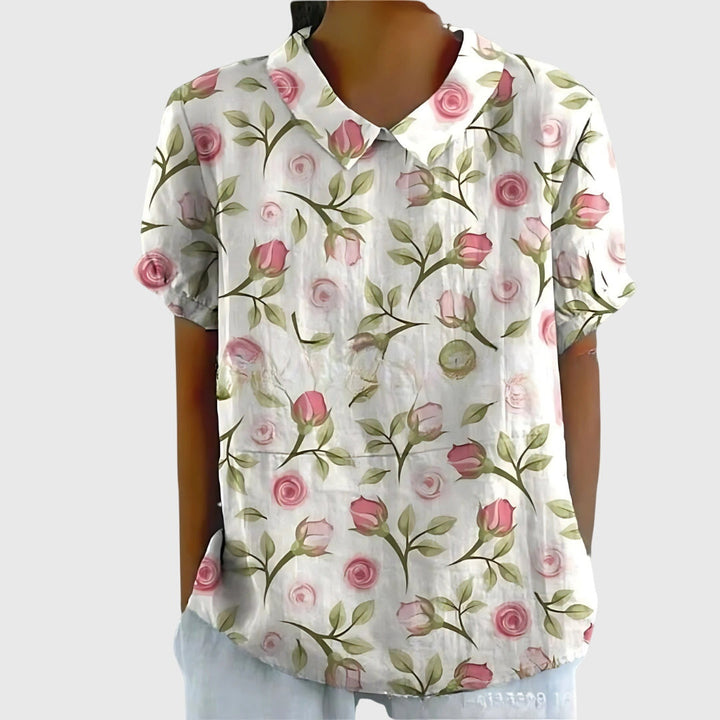 Women's Blouse with Classic Collar and Short Sleeves – Floral Print Summer Top for Women 7