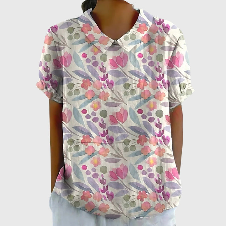 Women's Blouse with Classic Collar and Short Sleeves – Floral Print Summer Top for Women 9