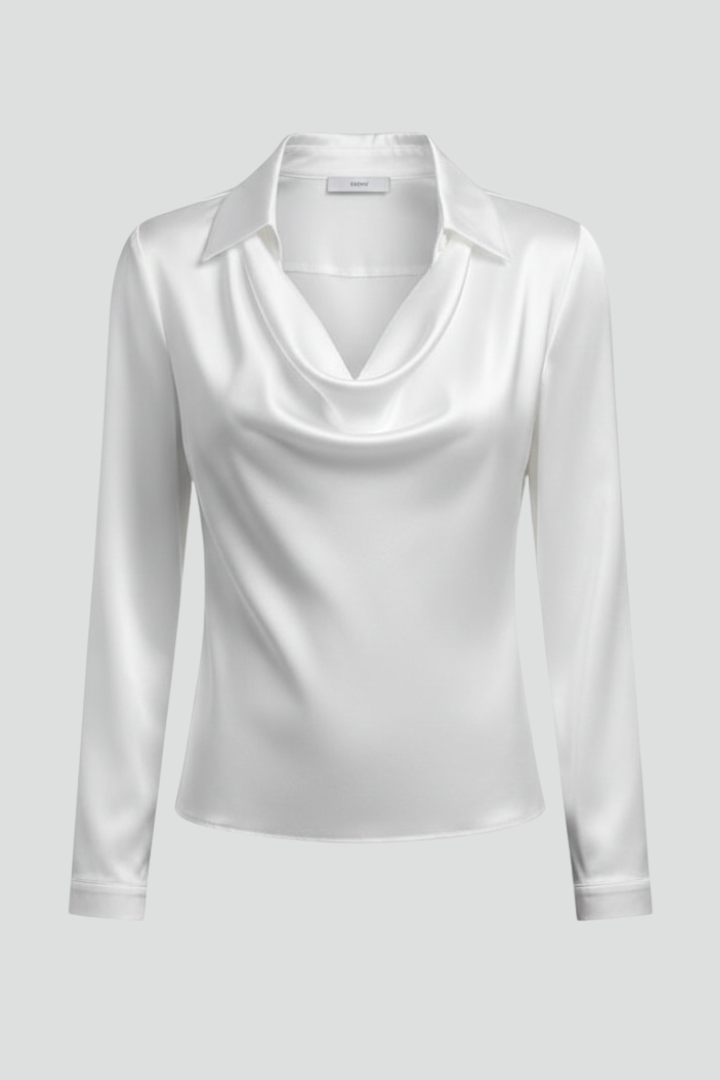 Women's Blouse with Draped Collar and Long Sleeves – Satin-Style Fabric for Casual and Formal Wear 1