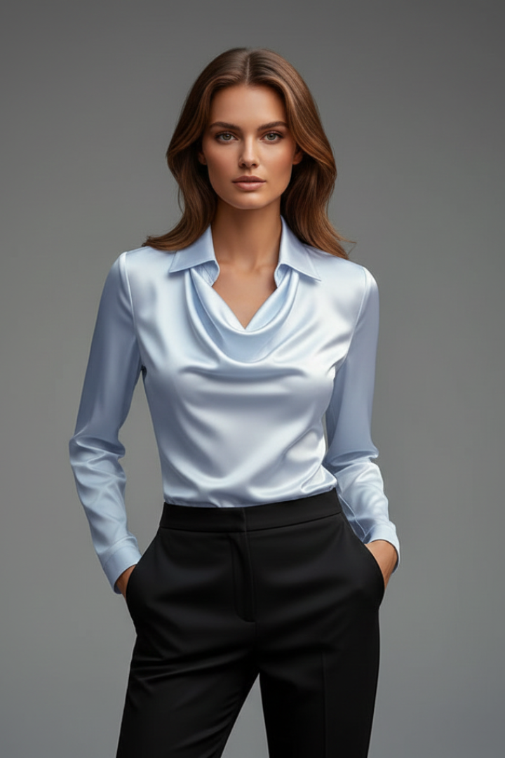 Women's Blouse with Draped Collar and Long Sleeves – Satin-Style Fabric for Casual and Formal Wear 13