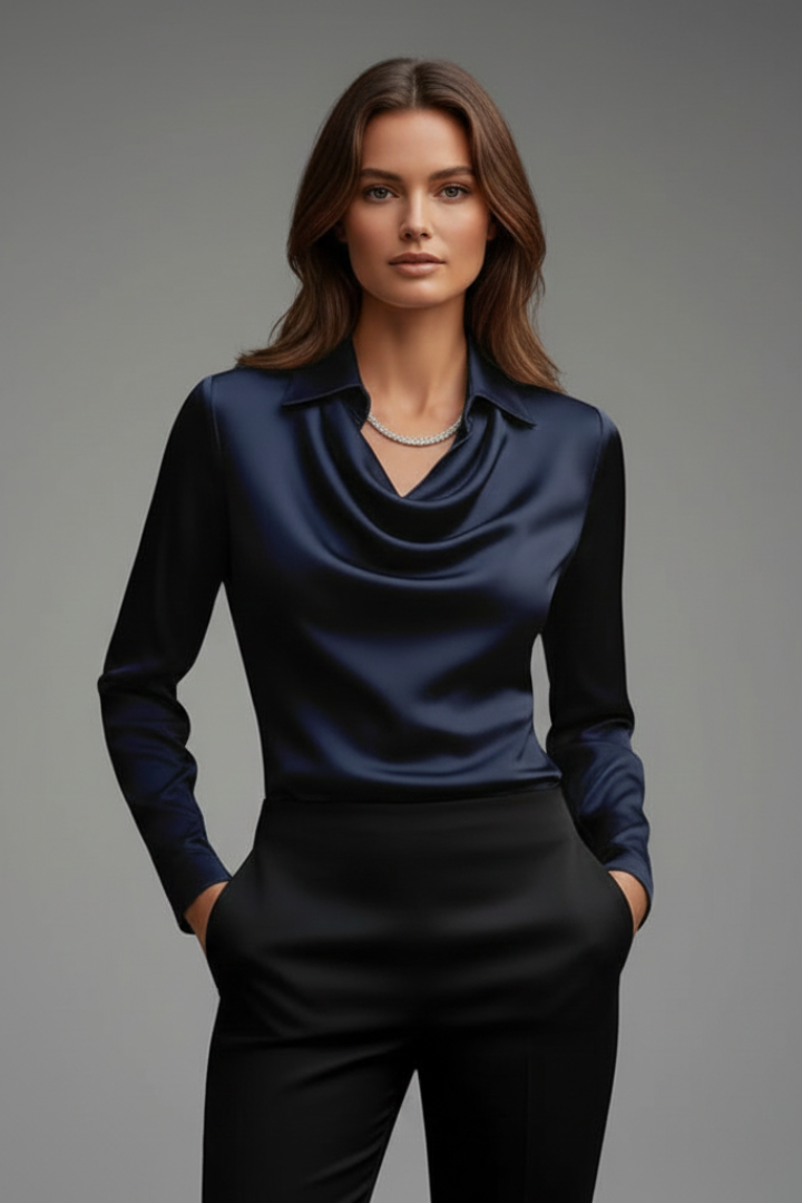 Women's Blouse with Draped Collar and Long Sleeves – Satin-Style Fabric for Casual and Formal Wear 6
