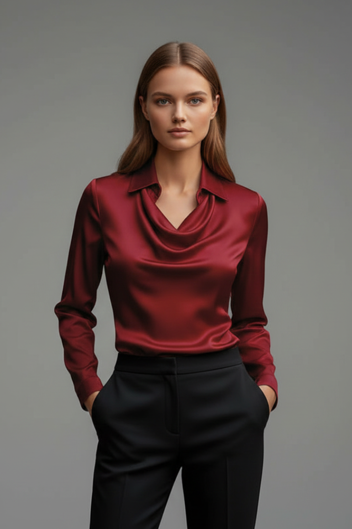 Women's Blouse with Draped Collar and Long Sleeves – Satin-Style Fabric for Casual and Formal Wear 7