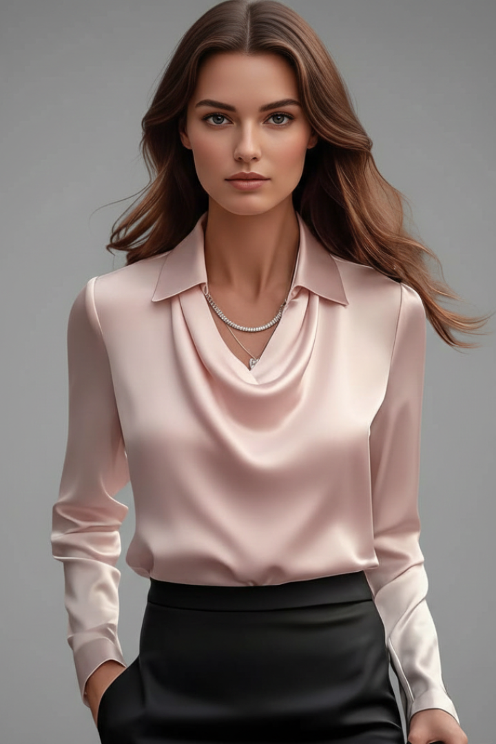 Women's Blouse with Draped Collar and Long Sleeves – Satin-Style Fabric for Casual and Formal Wear 9