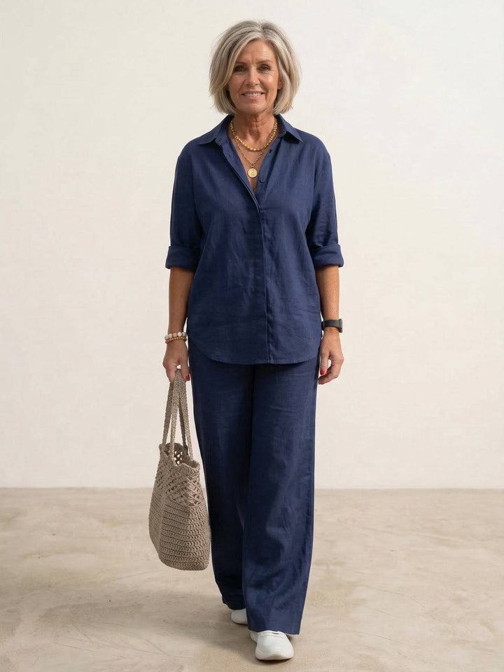 Women's Co-Ord Set with Oversized Shirt and Wide-Leg Trousers – Casual Two Piece Set in Cotton Blend 0