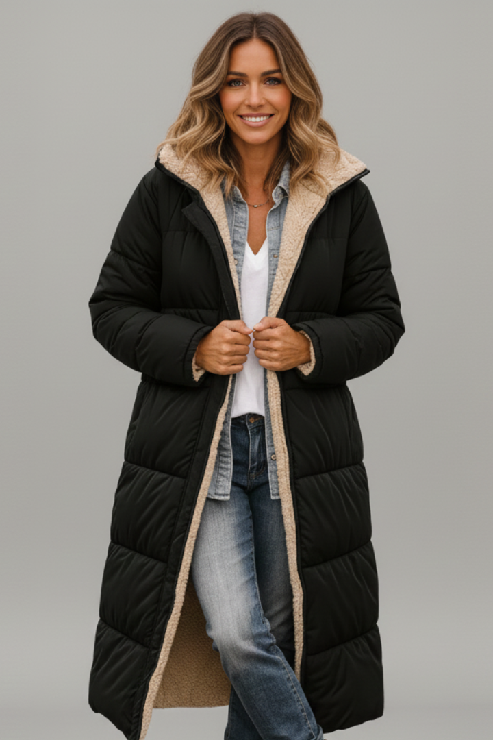 Women's Coat with Fixed Hood and Zip Closure – Quilted Long Winter Coat for Warmth and Style 0