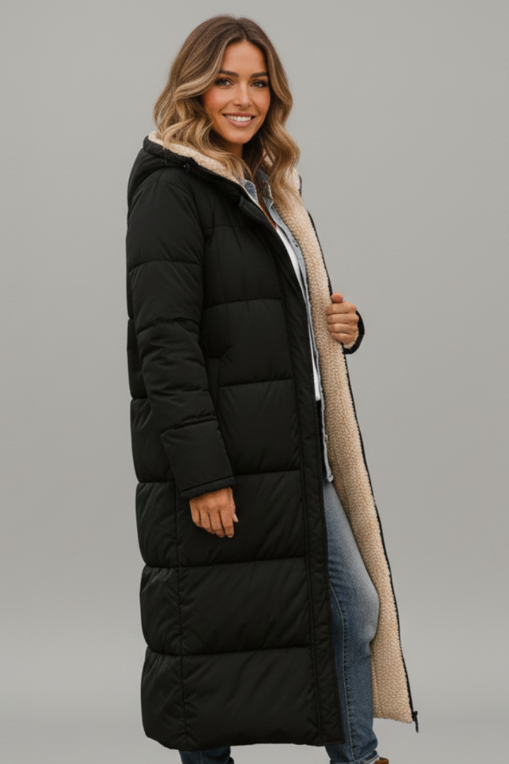 Women's Coat with Fixed Hood and Zip Closure – Quilted Long Winter Coat for Warmth and Style 2