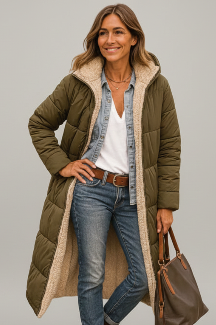 Women's Coat with Fixed Hood and Zip Closure – Quilted Long Winter Coat for Warmth and Style 6