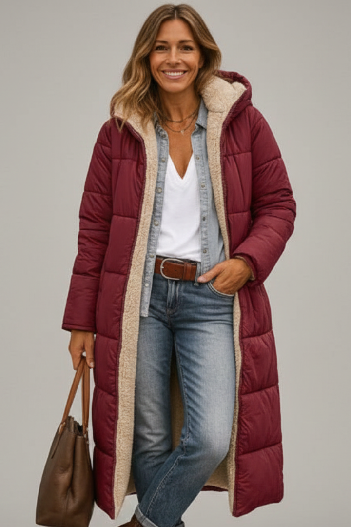 Women's Coat with Fixed Hood and Zip Closure – Quilted Long Winter Coat for Warmth and Style 7