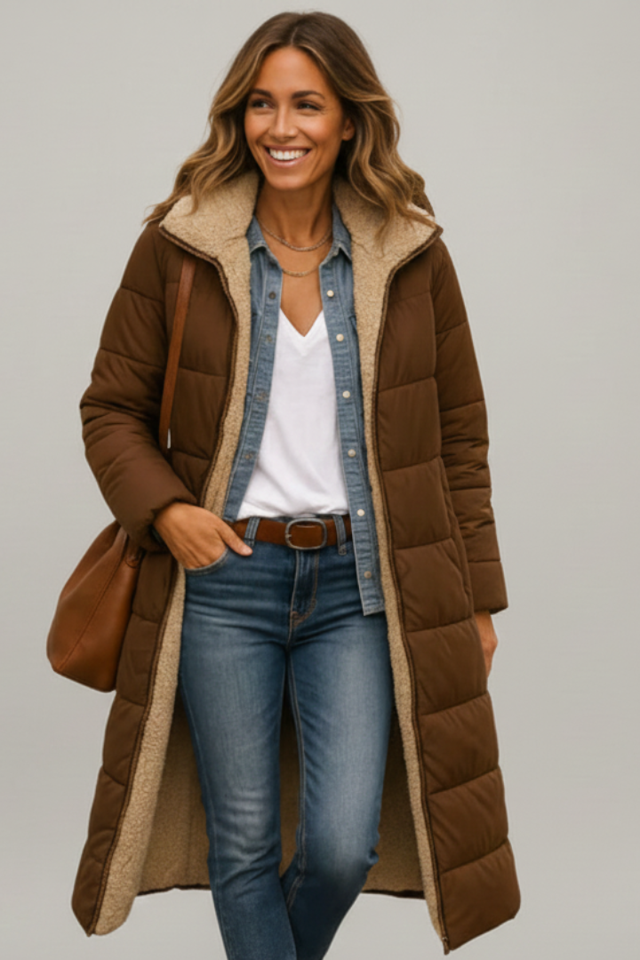 Women's Coat with Fixed Hood and Zip Closure – Quilted Long Winter Coat for Warmth and Style 8