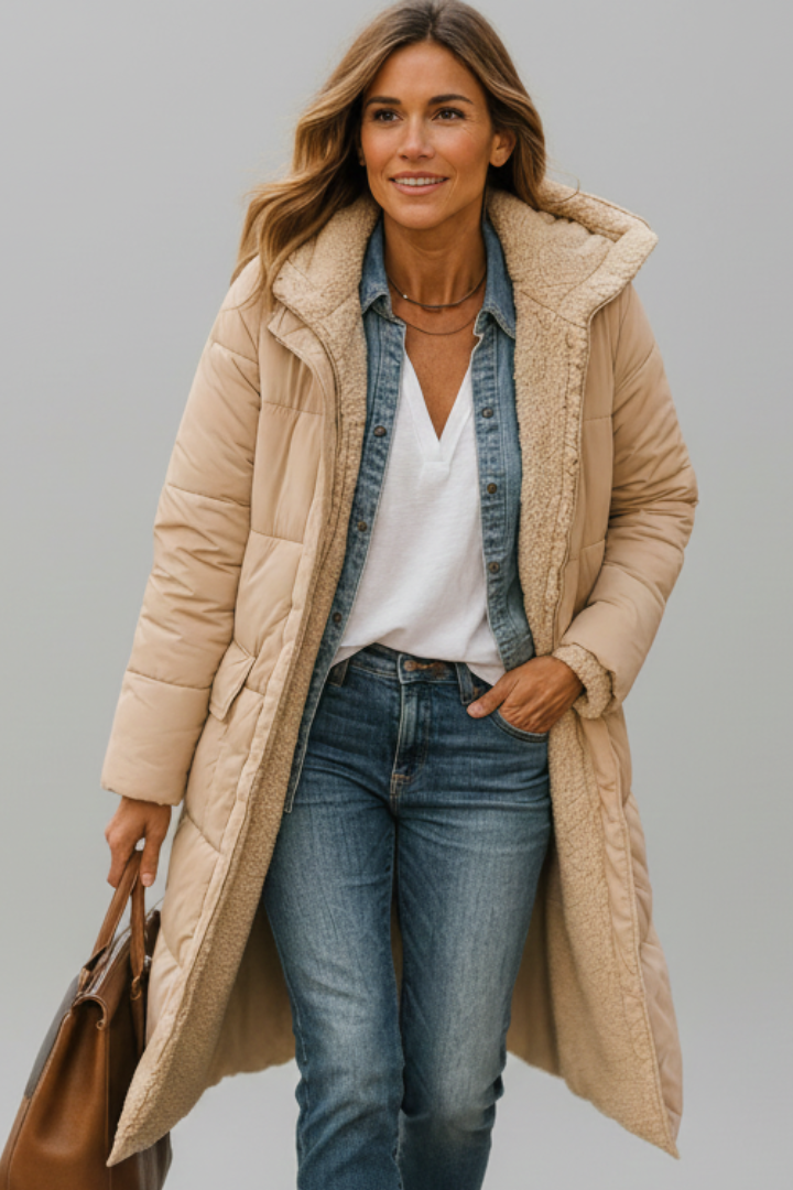 Women's Coat with Fixed Hood and Zip Closure – Quilted Long Winter Coat for Warmth and Style 9
