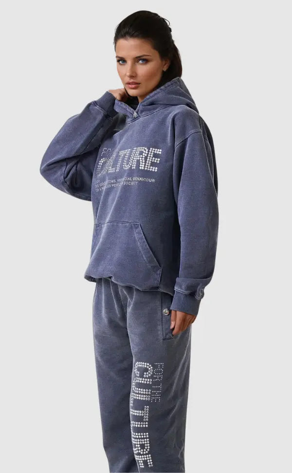 Women's Cotton Hoodie with Modern Culture Print – Dark Blue Casual Comfort 1